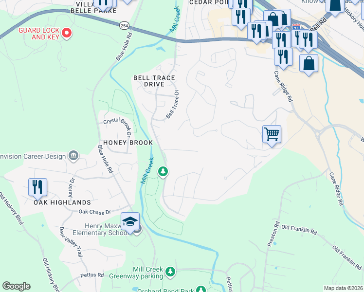 map of restaurants, bars, coffee shops, grocery stores, and more near 6037 Rivendell Court in Nashville