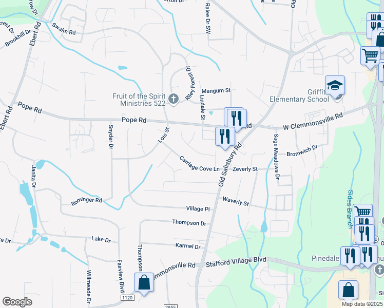 map of restaurants, bars, coffee shops, grocery stores, and more near 1628 Quillmark Road in Winston-Salem