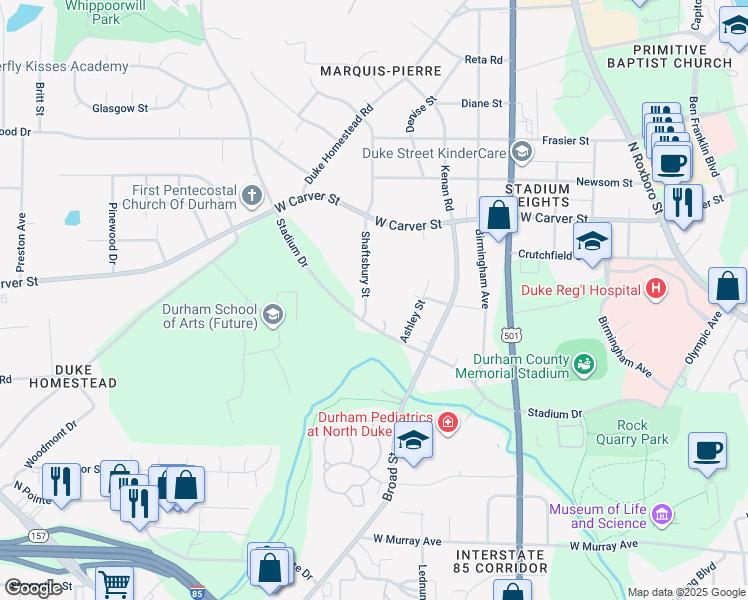 map of restaurants, bars, coffee shops, grocery stores, and more near 2716 Shaftsbury Street in Durham