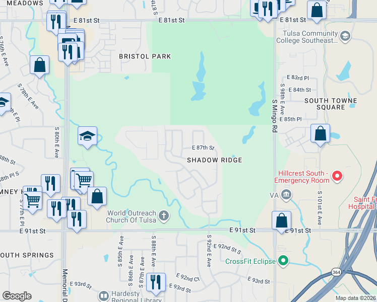 map of restaurants, bars, coffee shops, grocery stores, and more near 9008 East 87th Street in Tulsa