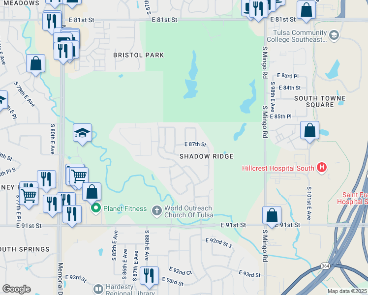 map of restaurants, bars, coffee shops, grocery stores, and more near 9102 East 87th Street in Tulsa