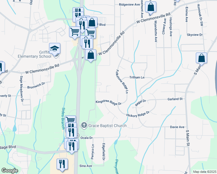 map of restaurants, bars, coffee shops, grocery stores, and more near 116 Royal Kings Ct in Winston-Salem