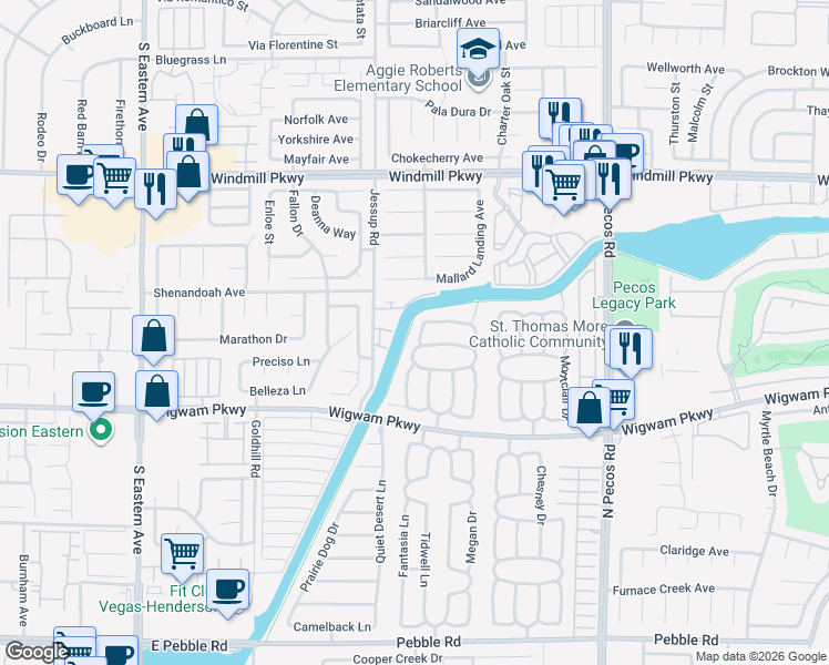 map of restaurants, bars, coffee shops, grocery stores, and more near 165 Coventry Drive in Henderson
