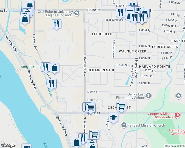 map of restaurants, bars, coffee shops, grocery stores, and more near 8710 South Evanston Avenue in Tulsa