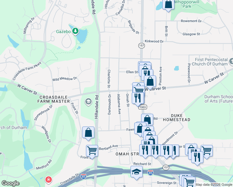map of restaurants, bars, coffee shops, grocery stores, and more near 3029 Alabama Avenue in Durham