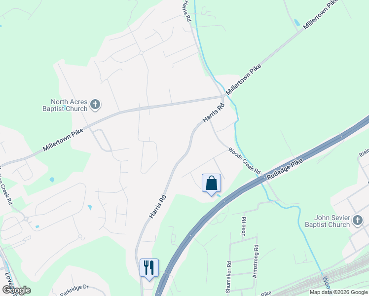 map of restaurants, bars, coffee shops, grocery stores, and more near 2133 Harris Road in Knoxville