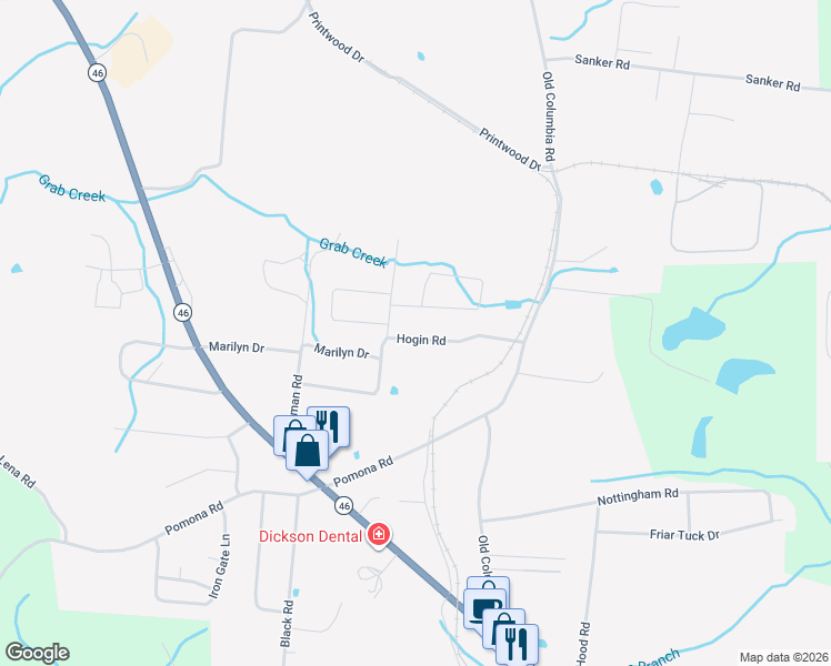 map of restaurants, bars, coffee shops, grocery stores, and more near 123 Hogin Road in Dickson
