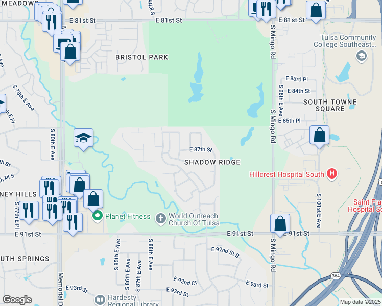 map of restaurants, bars, coffee shops, grocery stores, and more near 9102 East 87th Street in Tulsa