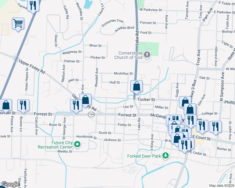map of restaurants, bars, coffee shops, grocery stores, and more near 725 Byars Street in Dyersburg
