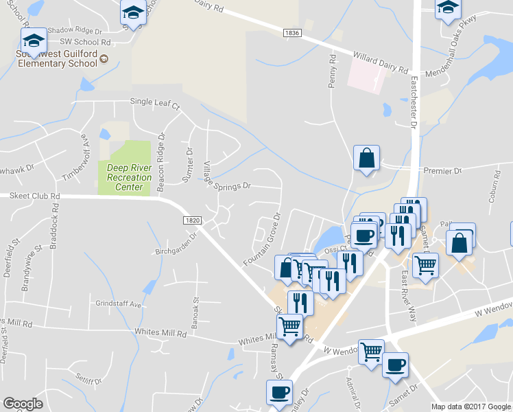 map of restaurants, bars, coffee shops, grocery stores, and more near 3712 Pemberton Way in High Point
