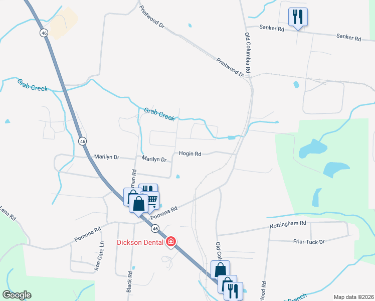 map of restaurants, bars, coffee shops, grocery stores, and more near 123 Hogin Road in Dickson