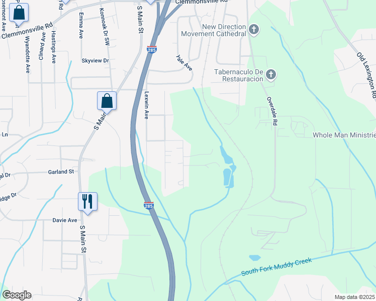 map of restaurants, bars, coffee shops, grocery stores, and more near 4103 Eisenhower Road in Winston-Salem
