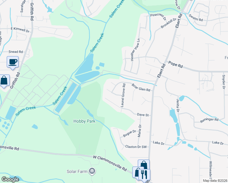 map of restaurants, bars, coffee shops, grocery stores, and more near 4013 Primrose Path in Winston-Salem