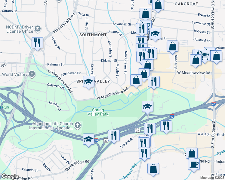 map of restaurants, bars, coffee shops, grocery stores, and more near 608 W Meadowview Rd in Greensboro