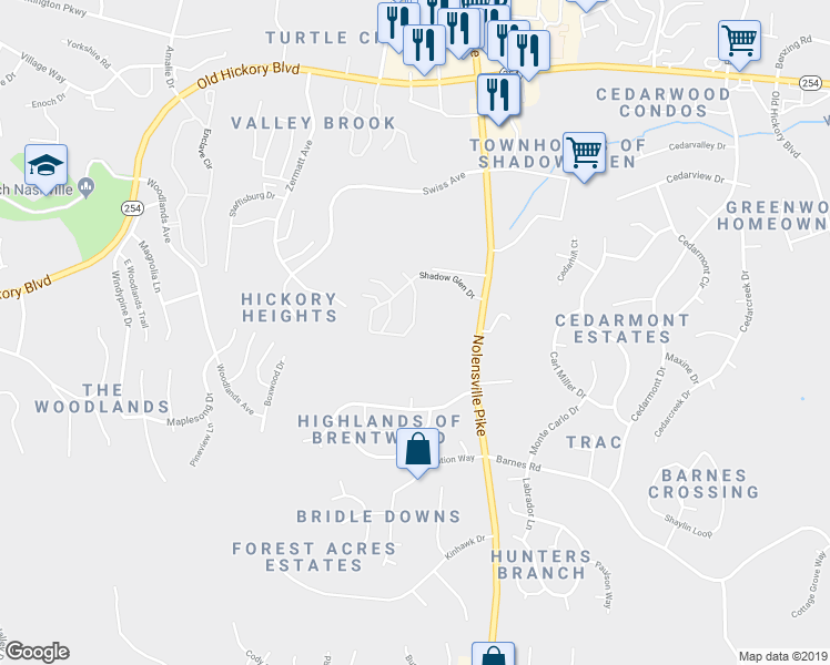 map of restaurants, bars, coffee shops, grocery stores, and more near 153 Shadow Glen Drive in Nashville