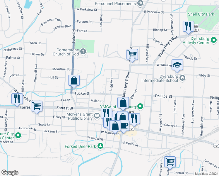 map of restaurants, bars, coffee shops, grocery stores, and more near 520 Fakes Avenue in Dyersburg