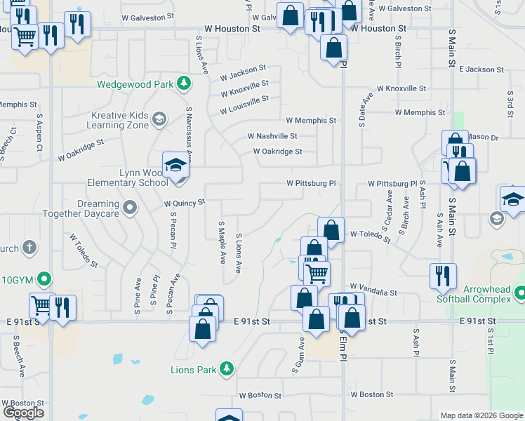 map of restaurants, bars, coffee shops, grocery stores, and more near 1012 West San Antonio Street in Broken Arrow