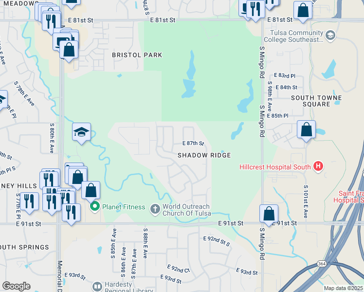 map of restaurants, bars, coffee shops, grocery stores, and more near 9102 East 87th Street in Tulsa