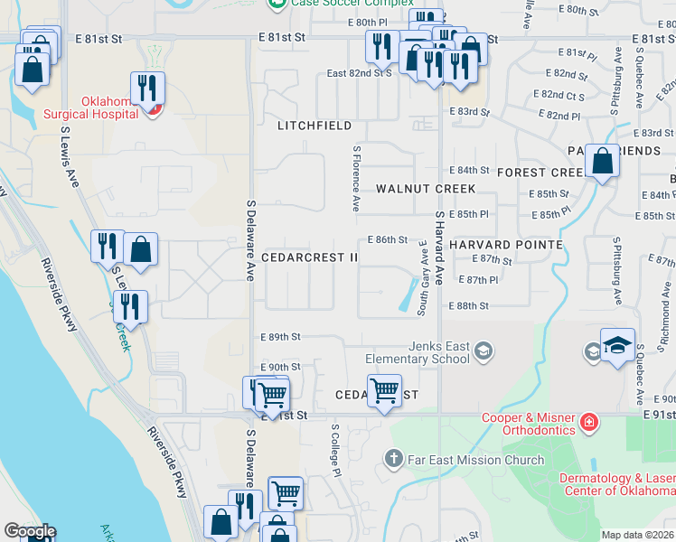 map of restaurants, bars, coffee shops, grocery stores, and more near 8711 South College Place in Tulsa
