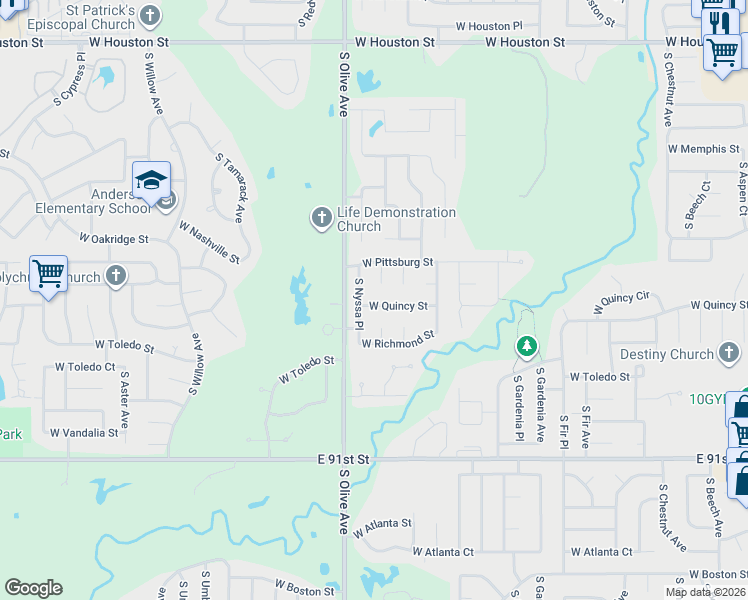 map of restaurants, bars, coffee shops, grocery stores, and more near 3504 West Quincy Street in Broken Arrow