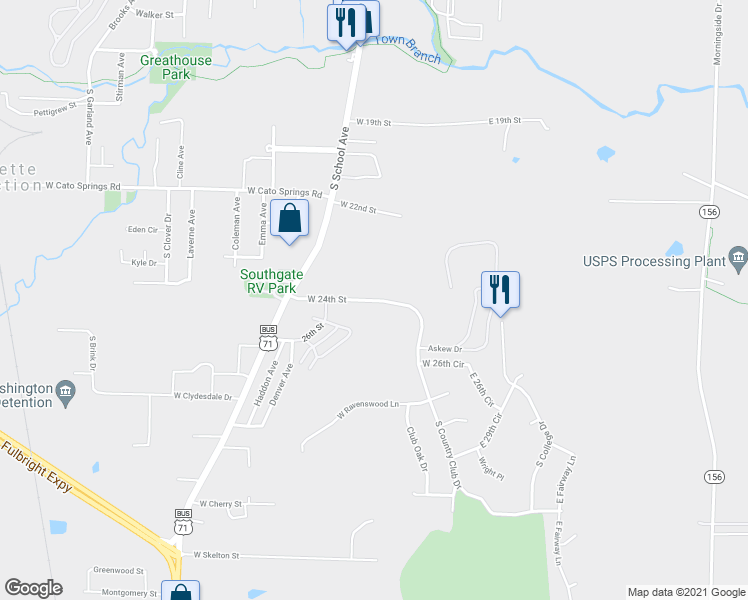 map of restaurants, bars, coffee shops, grocery stores, and more near 100 West 24th Street in Fayetteville
