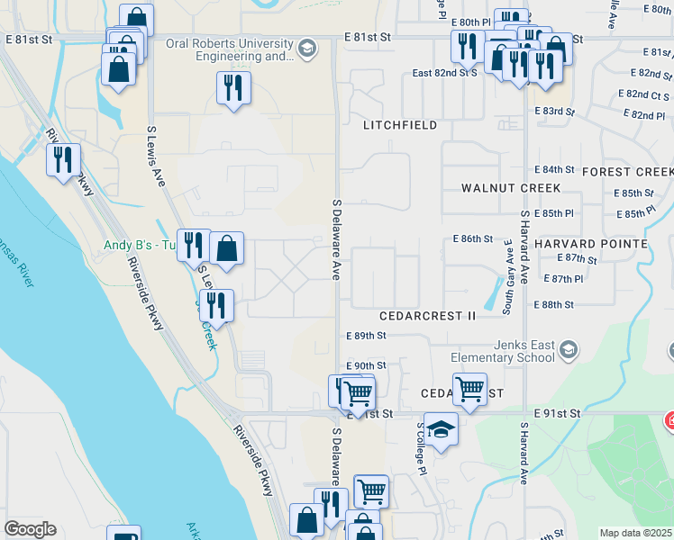 map of restaurants, bars, coffee shops, grocery stores, and more near 8804-8808 South Delaware Avenue in Tulsa