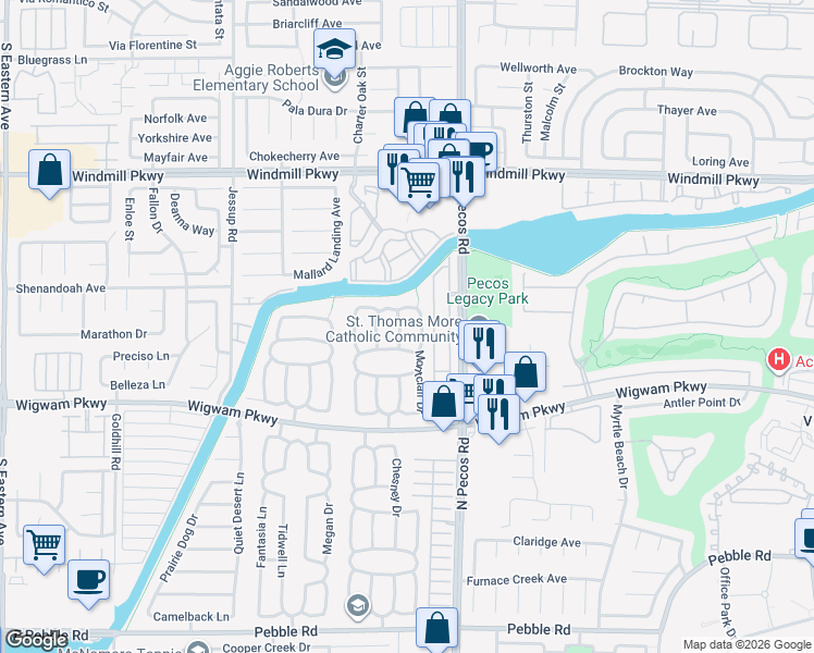 map of restaurants, bars, coffee shops, grocery stores, and more near 138 Arbor Way in Henderson