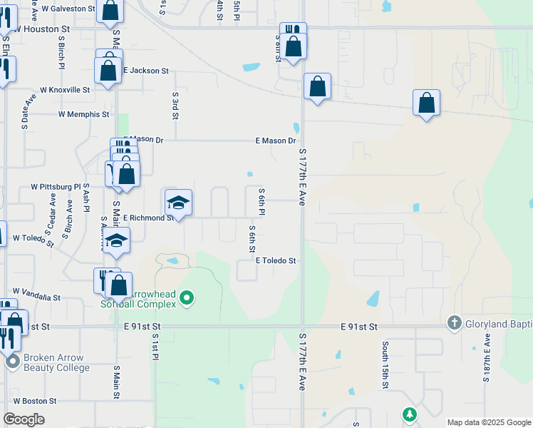 map of restaurants, bars, coffee shops, grocery stores, and more near 1645 South 6th Place in Broken Arrow