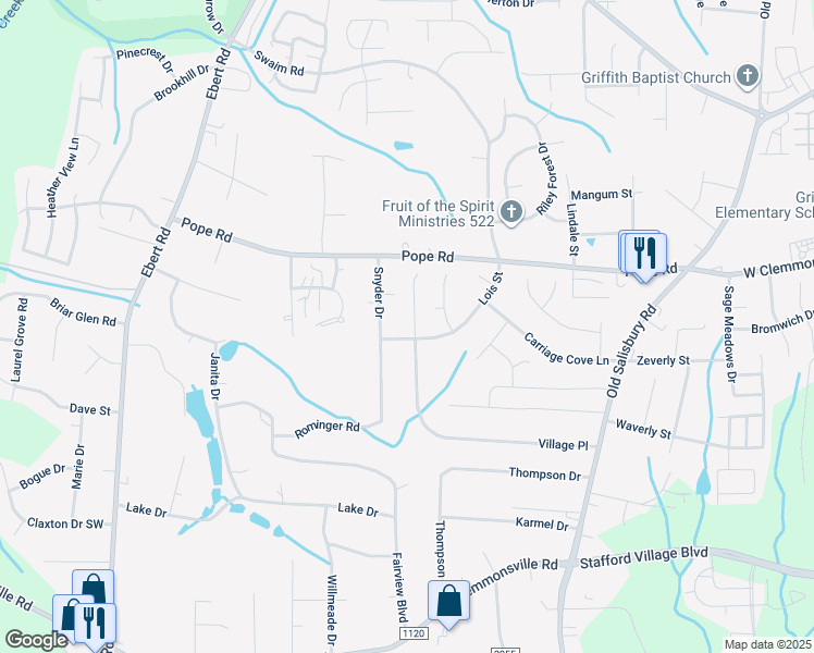 map of restaurants, bars, coffee shops, grocery stores, and more near 4036 Village Place in Winston-Salem