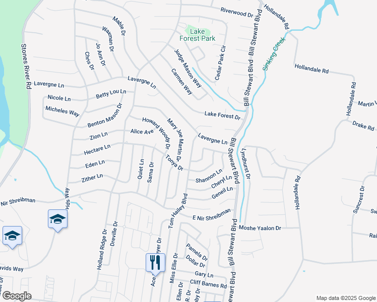 map of restaurants, bars, coffee shops, grocery stores, and more near 916 Tom Hailey Blvd in La Vergne