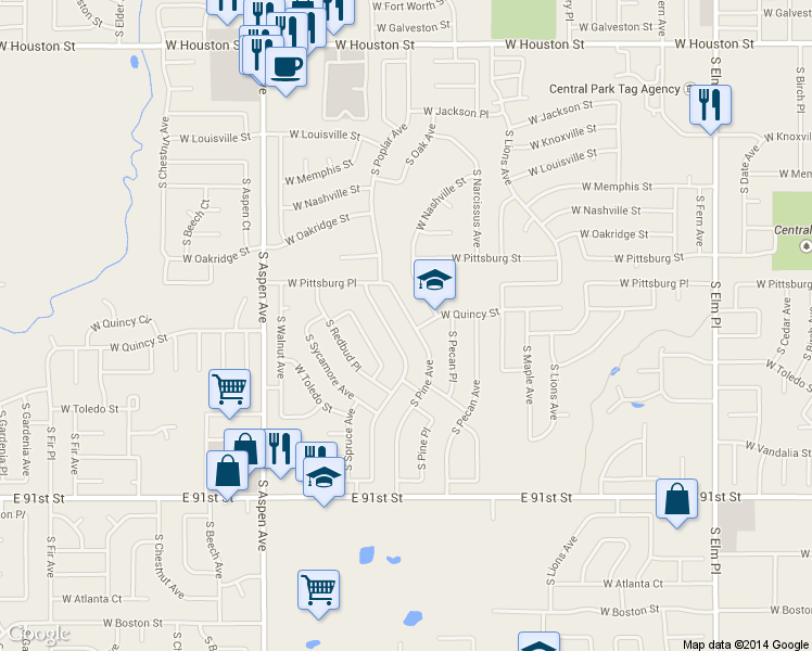 map of restaurants, bars, coffee shops, grocery stores, and more near 1632 South Pine Avenue in Broken Arrow