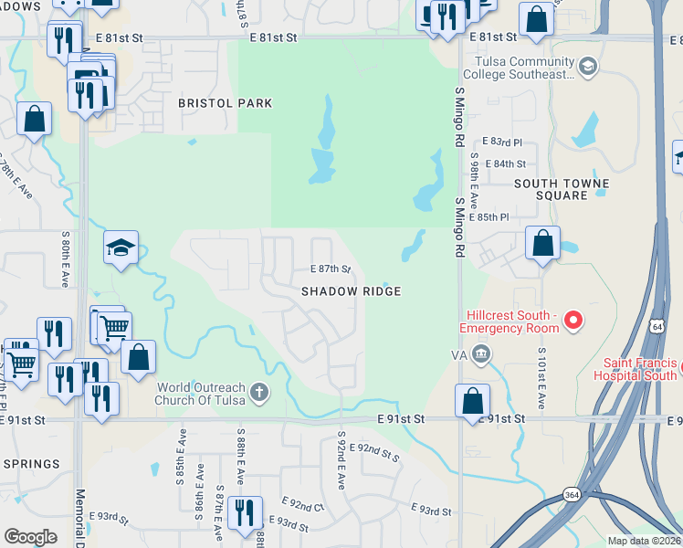 map of restaurants, bars, coffee shops, grocery stores, and more near 9206 East 87th Street in Tulsa