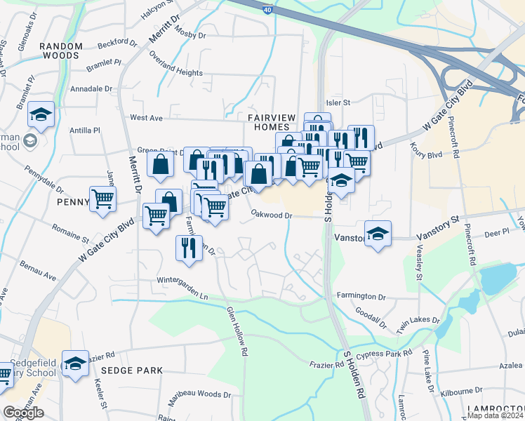 map of restaurants, bars, coffee shops, grocery stores, and more near 3738 Oakwood Drive in Greensboro