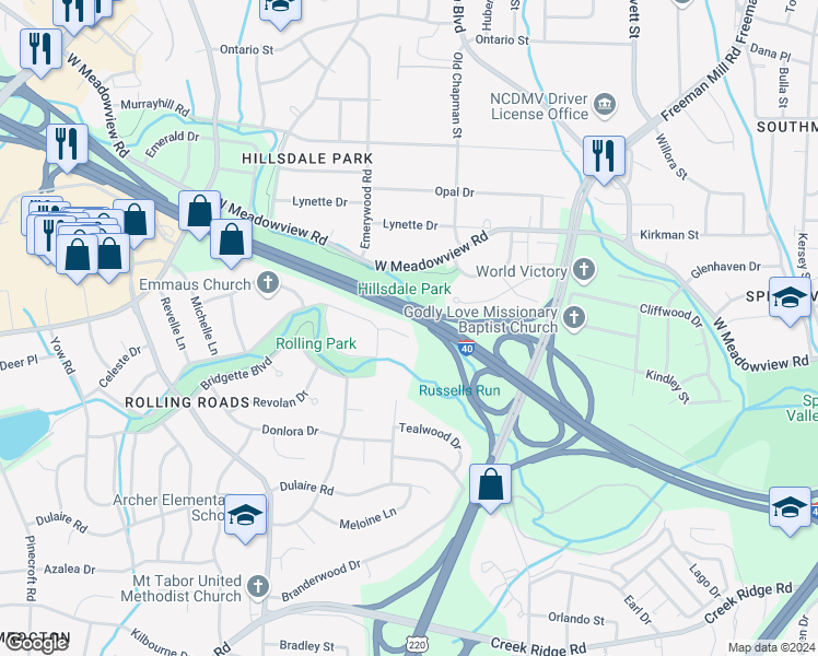 map of restaurants, bars, coffee shops, grocery stores, and more near 2004 Cheltenham Court in Greensboro