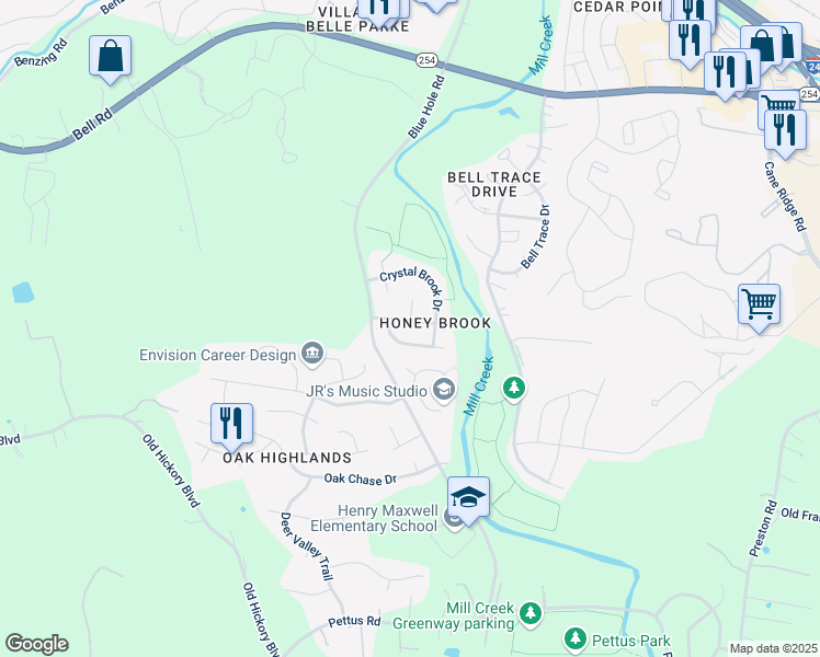 map of restaurants, bars, coffee shops, grocery stores, and more near 4816 Honey Grove Drive in Nashville