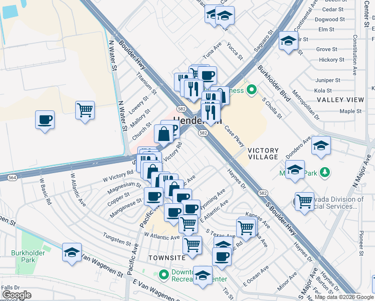 map of restaurants, bars, coffee shops, grocery stores, and more near 15 California Way in Henderson