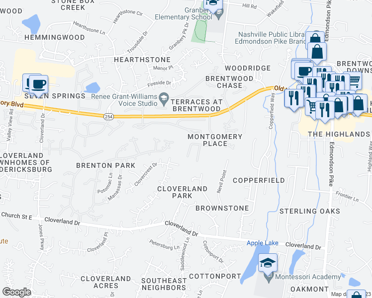 map of restaurants, bars, coffee shops, grocery stores, and more near 1006 Grove Court in Brentwood