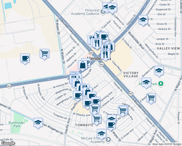 map of restaurants, bars, coffee shops, grocery stores, and more near 2 California Way in Henderson