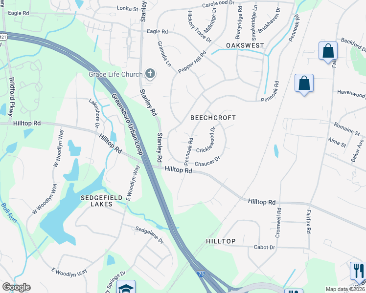 map of restaurants, bars, coffee shops, grocery stores, and more near 3 Coachman Court in Greensboro