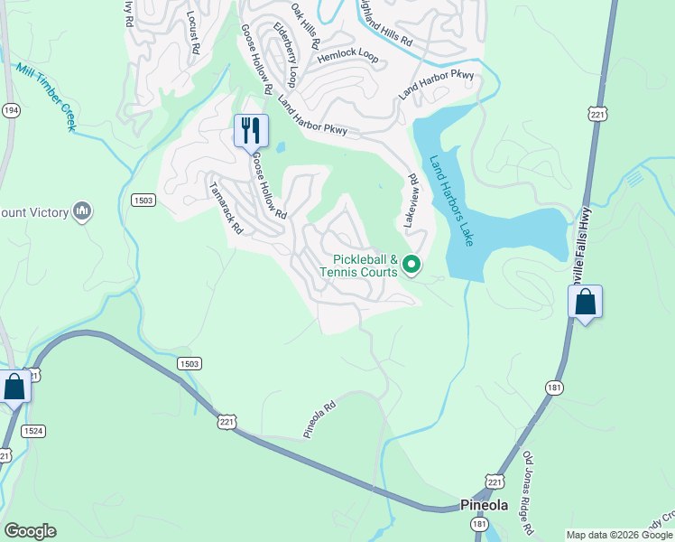 map of restaurants, bars, coffee shops, grocery stores, and more near 257 Pine Valley Road in Newland