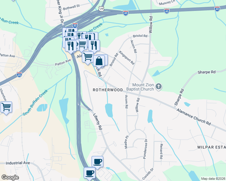 map of restaurants, bars, coffee shops, grocery stores, and more near in Greensboro