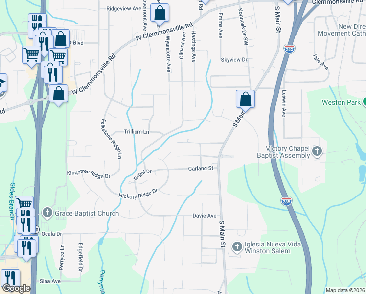 map of restaurants, bars, coffee shops, grocery stores, and more near 115 Hilton Street in Winston-Salem