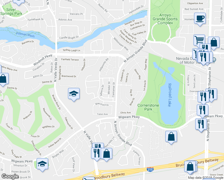 map of restaurants, bars, coffee shops, grocery stores, and more near 165 Cantamar Street in Henderson