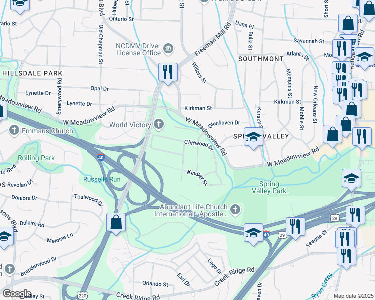 map of restaurants, bars, coffee shops, grocery stores, and more near 2907 Monterey Street in Greensboro