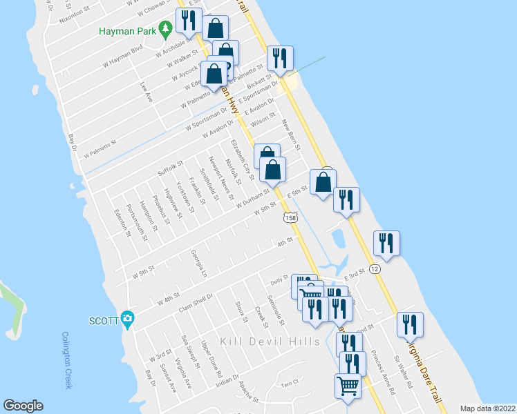 map of restaurants, bars, coffee shops, grocery stores, and more near 202 West 5th Street in Kill Devil Hills