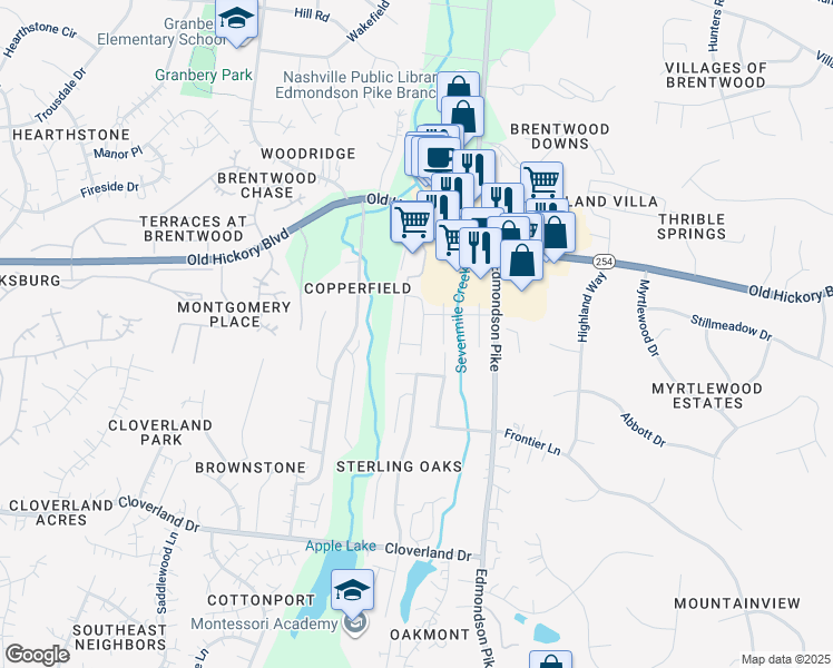 map of restaurants, bars, coffee shops, grocery stores, and more near 322 Shady Creek Lane in Nashville