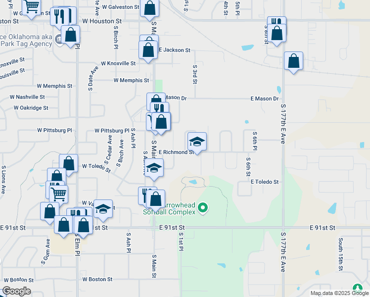 map of restaurants, bars, coffee shops, grocery stores, and more near 1632 South 2nd Street in Broken Arrow