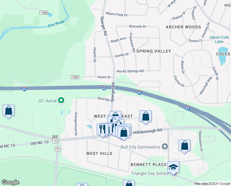 map of restaurants, bars, coffee shops, grocery stores, and more near 2426 Sparger Road in Durham