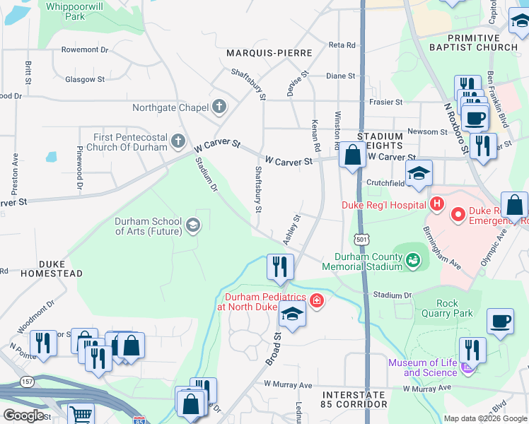 map of restaurants, bars, coffee shops, grocery stores, and more near 2718 Shaftsbury Street in Durham