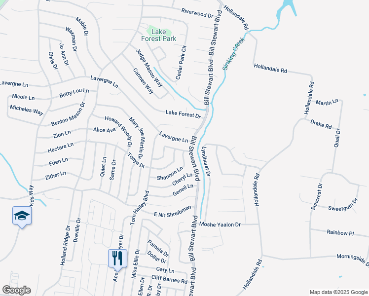 map of restaurants, bars, coffee shops, grocery stores, and more near 1104 Phelissa Drive in La Vergne
